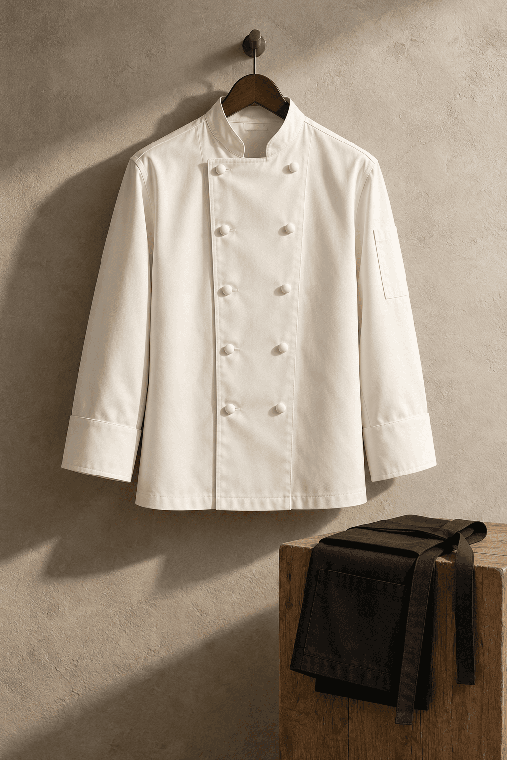 White chef jacket and black apron arranged as a culinary uniform study