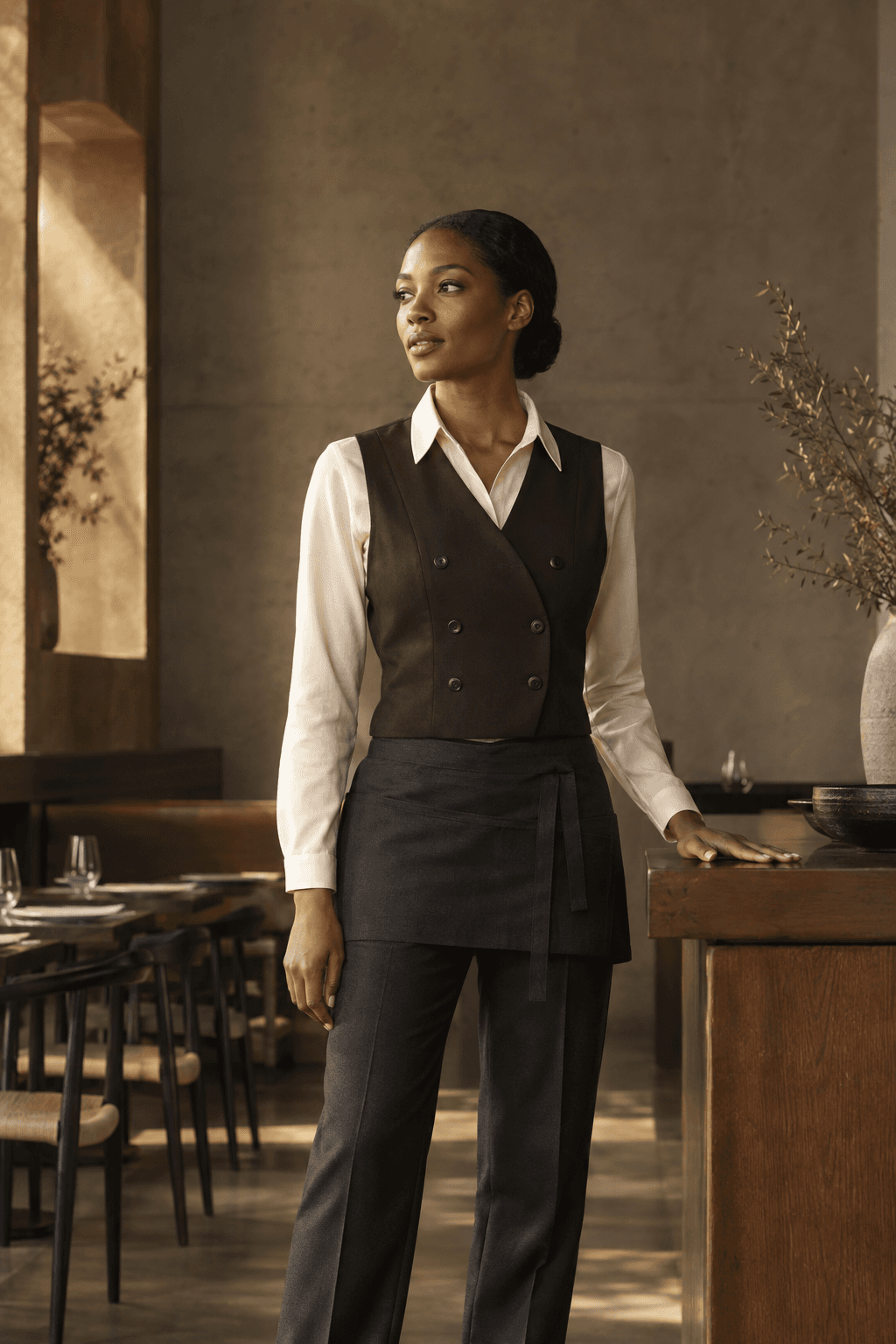 Hospitality uniform with tailored waistcoat, shirt, apron and trousers in a restaurant setting