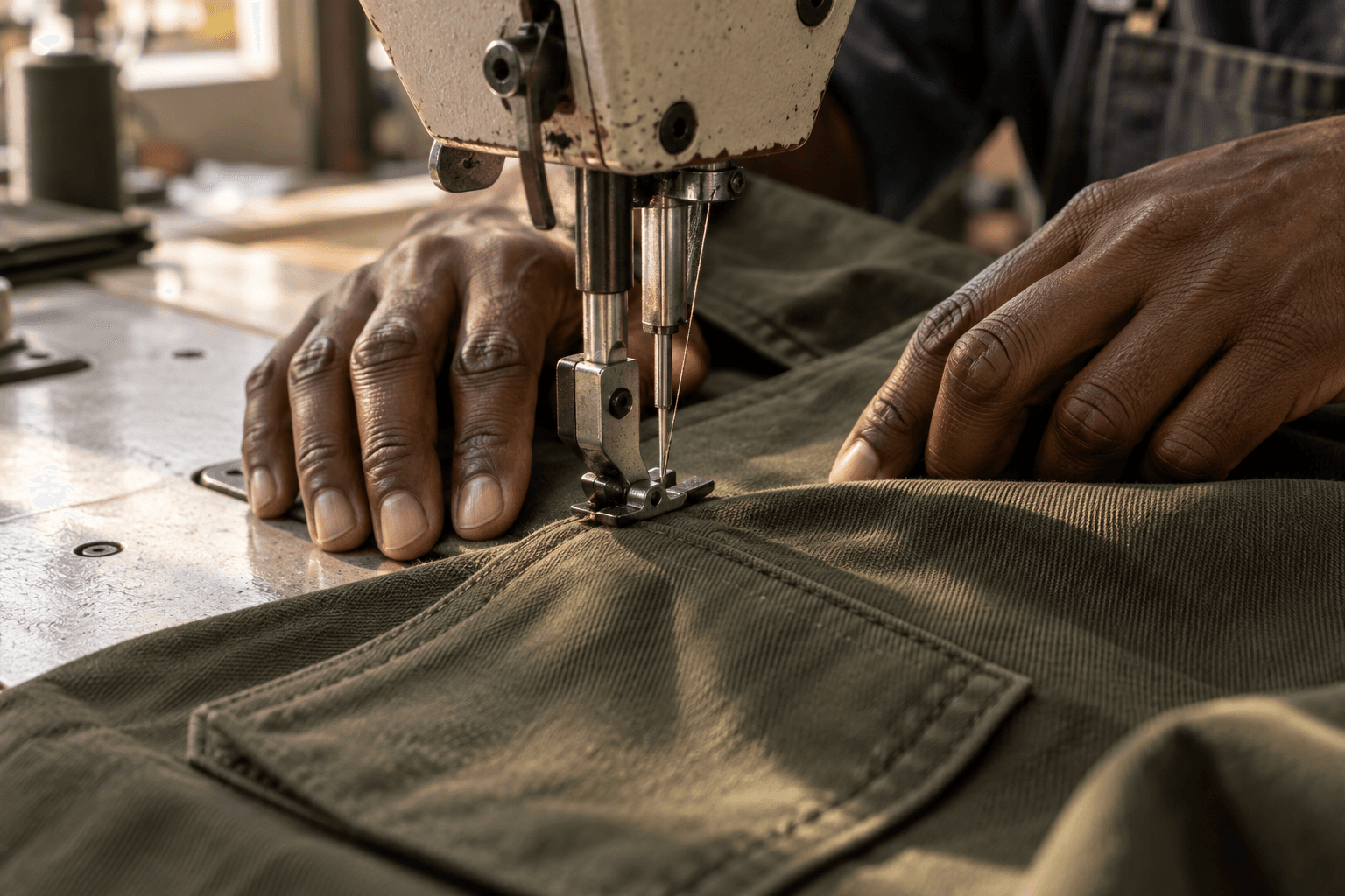 A garment being stitched on an industrial sewing machine