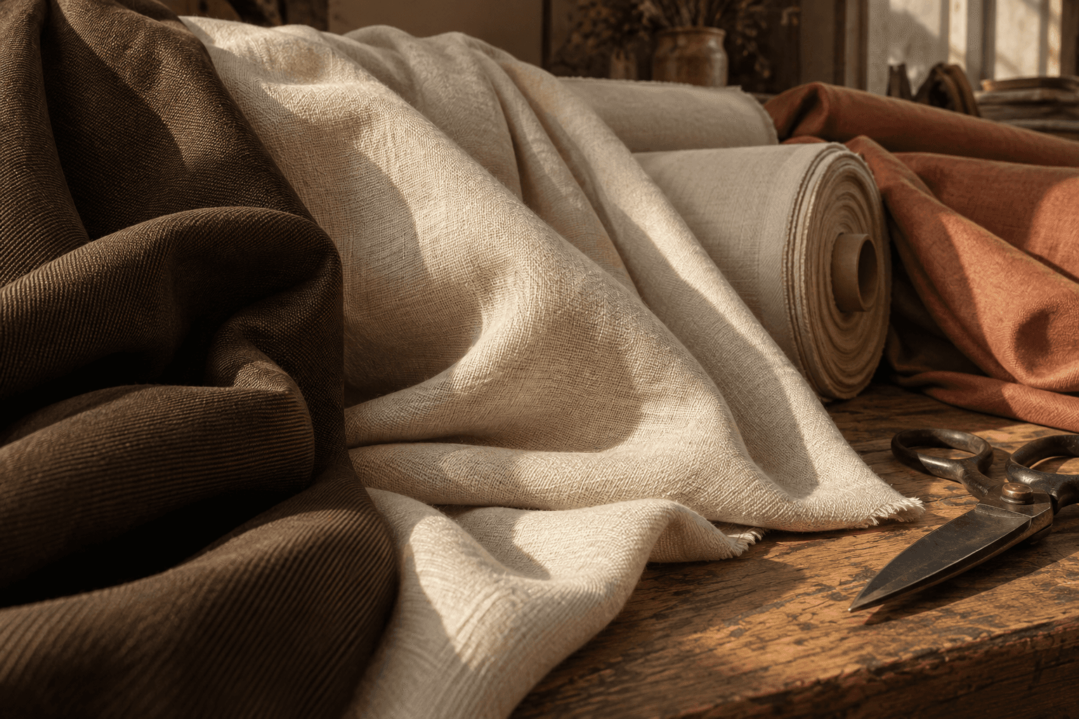 Close-up of cotton and twill fabrics with tailoring shears