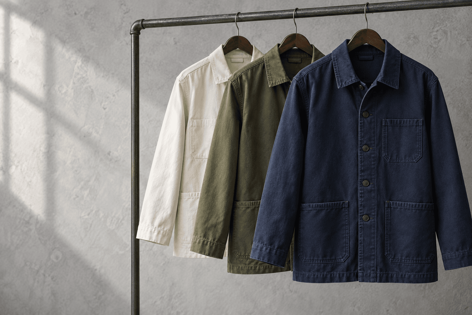 Structured work jackets in navy, olive and ivory on a steel clothes rail